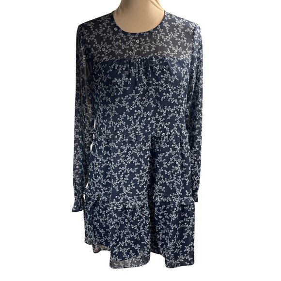 Loft Tiered Dress Navy White Floral Tunic Mini Size XS Extra Small Long Sleeve - Picture 1 of 8